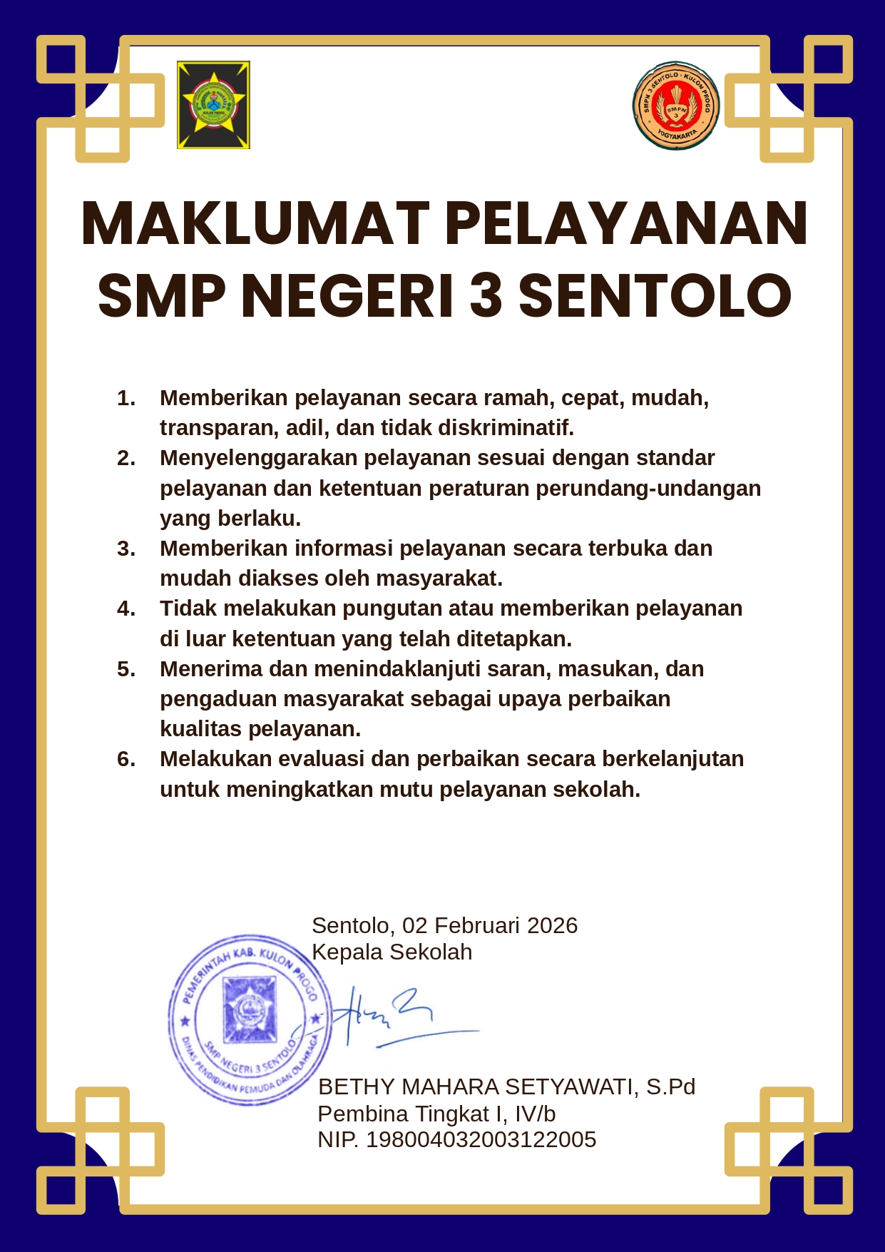 MAKLUMAT PELAYANAN SMP NEGERI 3 SENTOLO